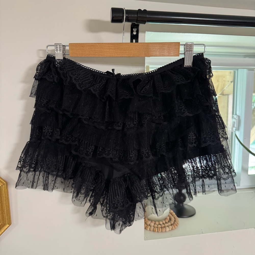 iHeartRaves Black Lace Ruffle Festival Shorts